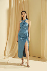 Silk Halter Neck Dress with Draped Bodice and High Front Slit for a Sculpted Evening Silhouette