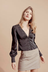 Long Sleeve Velvet Blouse with Ruched Front Detail and Deep V-Neckline for Evening Wear