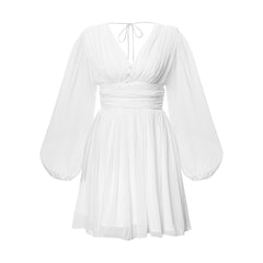 Flowy organza mini dress with long puff sleeves and ruched waist detail