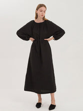 Relaxed Long Sleeve Linen Dress with Gathered Neckline