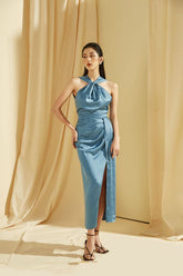 Silk Halter Neck Dress with Draped Bodice and High Front Slit for a Sculpted Evening Silhouette