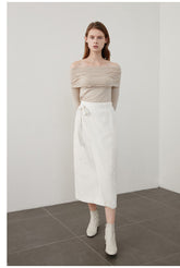 腰带细节裹身中长亚麻半身裙