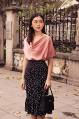 Silk Cowl Neck Top with Short Sleeves and Relaxed Fit