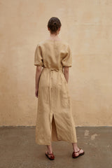 Robe midi minimaliste en lin à manches bouffantes et fente latérale pour une élégance intemporelle par temps chaud