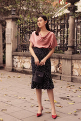 Silk Cowl Neck Top with Short Sleeves and Relaxed Fit