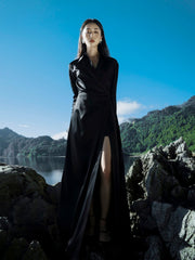 Satin Maxi Shirt Dress with Wrapped Waist and Tailored Cuffs for Elegant Evening Style