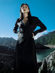 Satin Maxi Shirt Dress with Wrapped Waist and Tailored Cuffs for Elegant Evening Style