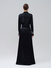 Satin Maxi Shirt Dress with Wrapped Waist and Tailored Cuffs for Elegant Evening Style
