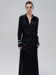 Satin Maxi Shirt Dress with Wrapped Waist and Tailored Cuffs for Elegant Evening Style