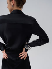Satin Maxi Shirt Dress with Wrapped Waist and Tailored Cuffs for Elegant Evening Style