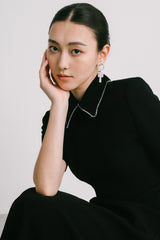 Tailored Crepe Midi Dress with Pearl-Trimmed Collar and Belted Waist Detail
