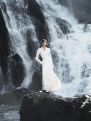 Long-Sleeve Satin Maxi Dress with Shirt Collar and Fitted Waist Detail