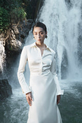 Long-Sleeve Satin Maxi Dress with Shirt Collar and Fitted Waist Detail