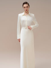 Long-Sleeve Satin Maxi Dress with Shirt Collar and Fitted Waist Detail