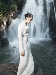 Long-Sleeve Satin Maxi Dress with Shirt Collar and Fitted Waist Detail