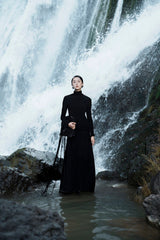 Turtleneck Maxi Dress With Draped Waist Detail And Sleek Long Sleeve Silhouette