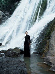 Turtleneck Maxi Dress With Draped Waist Detail And Sleek Long Sleeve Silhouette