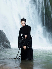 Turtleneck Maxi Dress With Draped Waist Detail And Sleek Long Sleeve Silhouette