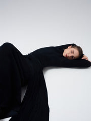 Turtleneck Maxi Dress With Draped Waist Detail And Sleek Long Sleeve Silhouette