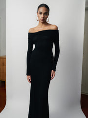 Wool Lacy Jacquard Off-Shoulder Long Dress With Fitted Bodice And Flared Hem