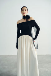 Off-Shoulder Fitted Bodice Long Sleeve Dress In Soft Textured Crepe With Gathered Maxi Skirt
