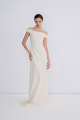 Off-Shoulder Textured Crepe Gown With Draped Neckline And Floor-Length Silhouette