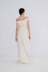 Off-Shoulder Textured Crepe Gown With Draped Neckline And Floor-Length Silhouette