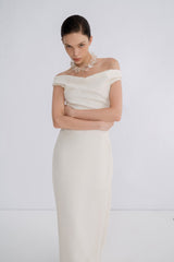 Off-Shoulder Textured Crepe Gown With Draped Neckline And Floor-Length Silhouette