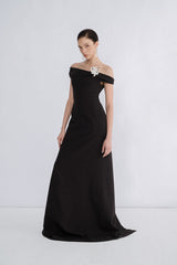 Off-Shoulder Wool Blend Maxi Dress With Draped Back and Side Slit Detail