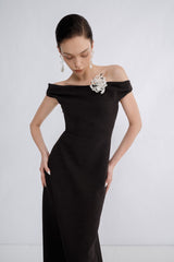 Off-Shoulder Wool Blend Maxi Dress With Draped Back and Side Slit Detail