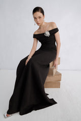 Off-Shoulder Wool Blend Maxi Dress With Draped Back and Side Slit Detail