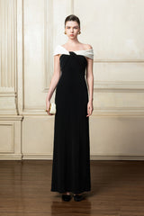 Stretch Crepe Off-Shoulder Gown With Draped Neckline And Floor-Length Silhouette