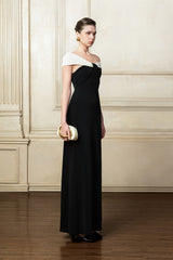 Stretch Crepe Off-Shoulder Gown With Draped Neckline And Floor-Length Silhouette
