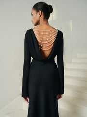 Backless Draped Maxi Dress With Pearl Chain Detail And Long Sleeves For Evening Elegance