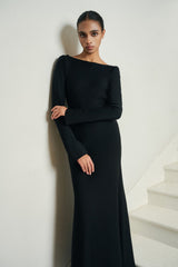 Backless Draped Maxi Dress With Pearl Chain Detail And Long Sleeves For Evening Elegance