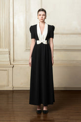 Crepe maxi dress with contrast satin shawl lapel and structured short sleeves