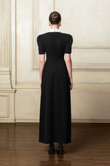 Crepe maxi dress with contrast satin shawl lapel and structured short sleeves