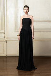 Strapless Maxi Dress With Pleated Velvet Skirt And Embellished Bodice