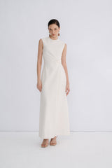 Sleeveless Crepe Maxi Dress with Draped Side Twist and Minimalist High Neckline