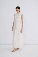Sleeveless Crepe Maxi Dress with Draped Side Twist and Minimalist High Neckline