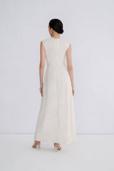 Sleeveless Crepe Maxi Dress with Draped Side Twist and Minimalist High Neckline