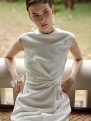 Sleeveless Crepe Maxi Dress with Draped Side Twist and Minimalist High Neckline