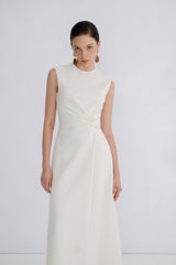 Sleeveless Crepe Maxi Dress with Draped Side Twist and Minimalist High Neckline