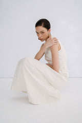 Sleeveless Crepe Maxi Dress with Draped Side Twist and Minimalist High Neckline