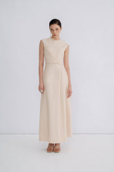 Sleeveless Crepe Maxi Dress with Asymmetric Draped Waist and Clean High Neckline