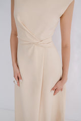 Sleeveless Crepe Maxi Dress with Asymmetric Draped Waist and Clean High Neckline