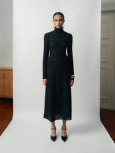 Long Sleeve Embroidered Lace Midi Dress with High Neck and Tailored Fit