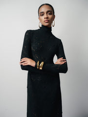 Long Sleeve Embroidered Lace Midi Dress with High Neck and Tailored Fit