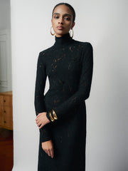Long Sleeve Embroidered Lace Midi Dress with High Neck and Tailored Fit