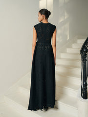 Embroidered Lace Draped Midi Dress With Waist Detail and Sleeveless Fitted Bodice